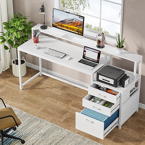 Tribesigns 63 Inch Computer Desk with File Drawer Cabinet, Ergonomic Office Desk with Monitor Stand, Computer Table with Printer Space, Wood PC Table Workstation Desk for Home Office, White