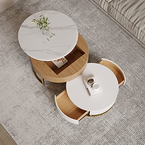 Sdorens Lift Top Coffee Table, Round Coffee Table with Hidden Storage, Nesting Coffee Table Set of 2, End Table, Center Table for Living Room, Home, Office (White)