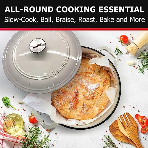 Mueller DuraCast 6 Quart Enameled Cast Iron Dutch Oven Pot with Lid, Dual Handles, Heavy-Duty Braiser Pan, Stainless Steel Knob, for Braising, Stews, Roasting, Baking, Safe across All Cooktops, White