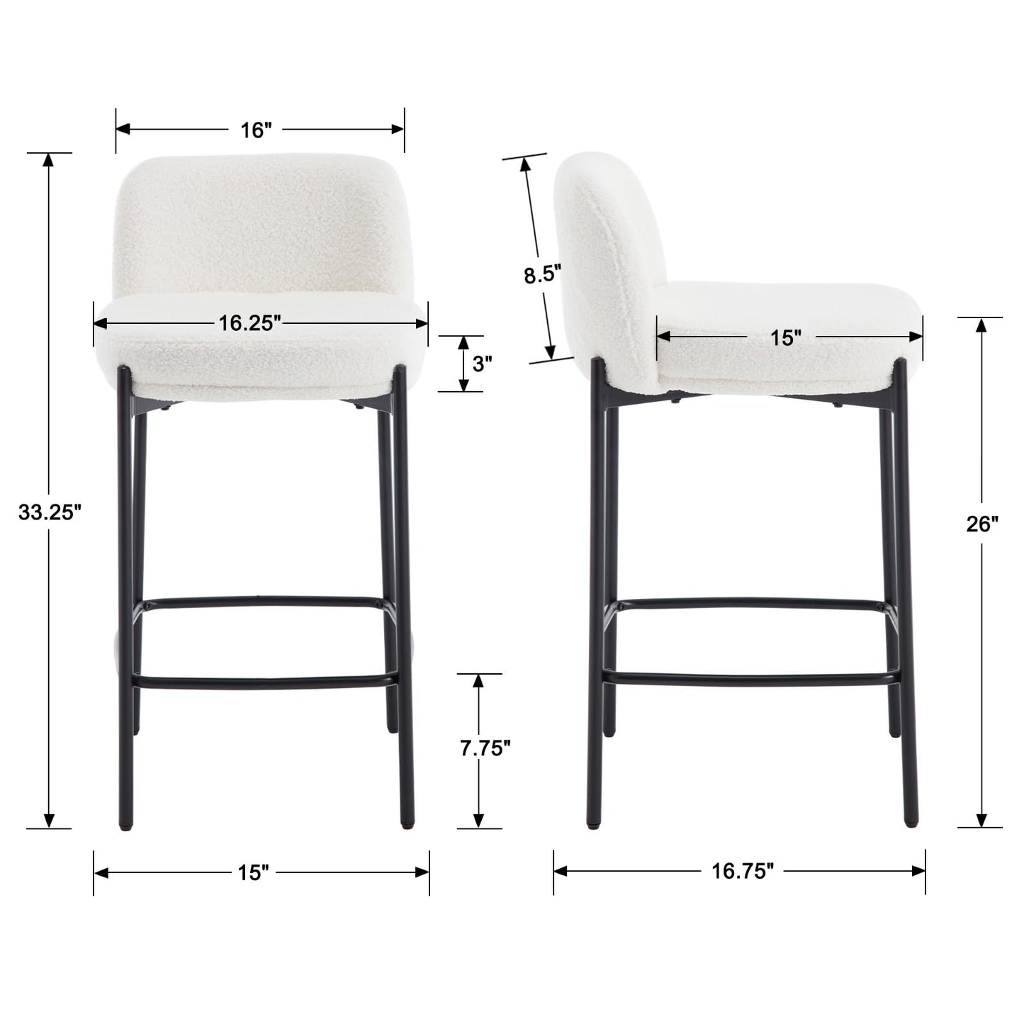 Guyou Modern White Sherpa Counter Stools with Black Metal Legs, 26" Upholstered Counter Height Bar Stools with Curved Back Set of 4 Comfy Armless Boucle Kitchen Island Chairs for Dining Room