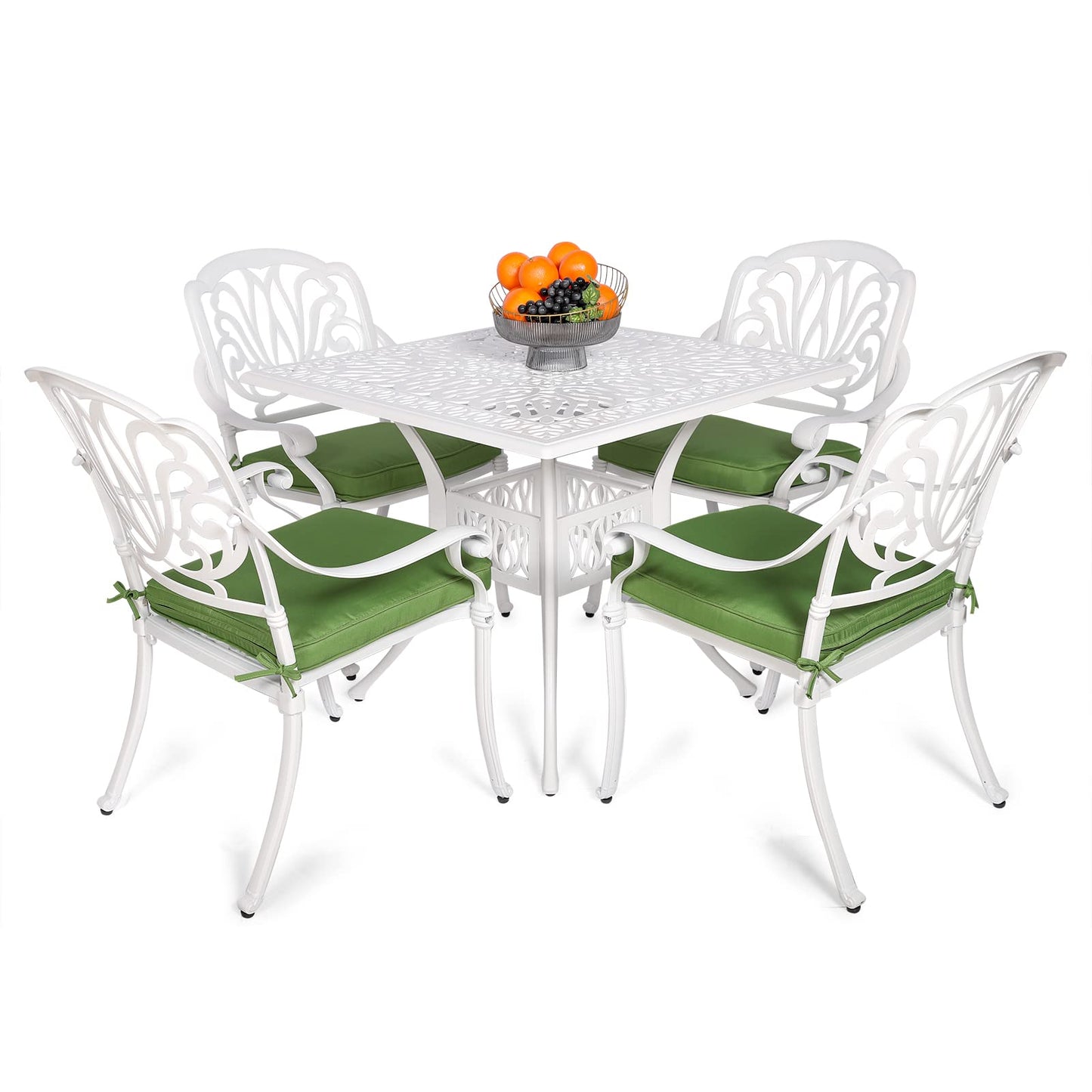 VIVIJASON 5-Piece Patio Furniture Dining Set, All-Weather White Cast Aluminum Outdoor Conversation Set, Include 4 Cushioned Chairs and a 35.4" Square Table w/Umbrella Hole for Balcony Lawn Garden