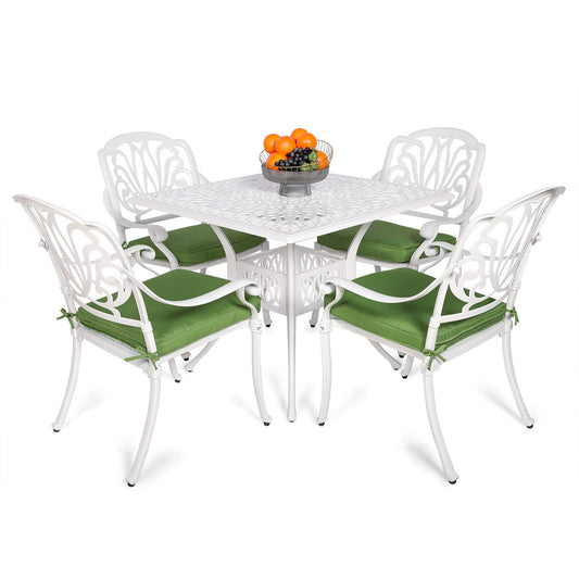 VIVIJASON 5-Piece Patio Furniture Dining Set, All-Weather White Cast Aluminum Outdoor Conversation Set, Include 4 Cushioned Chairs and a 35.4" Square Table w/Umbrella Hole for Balcony Lawn Garden