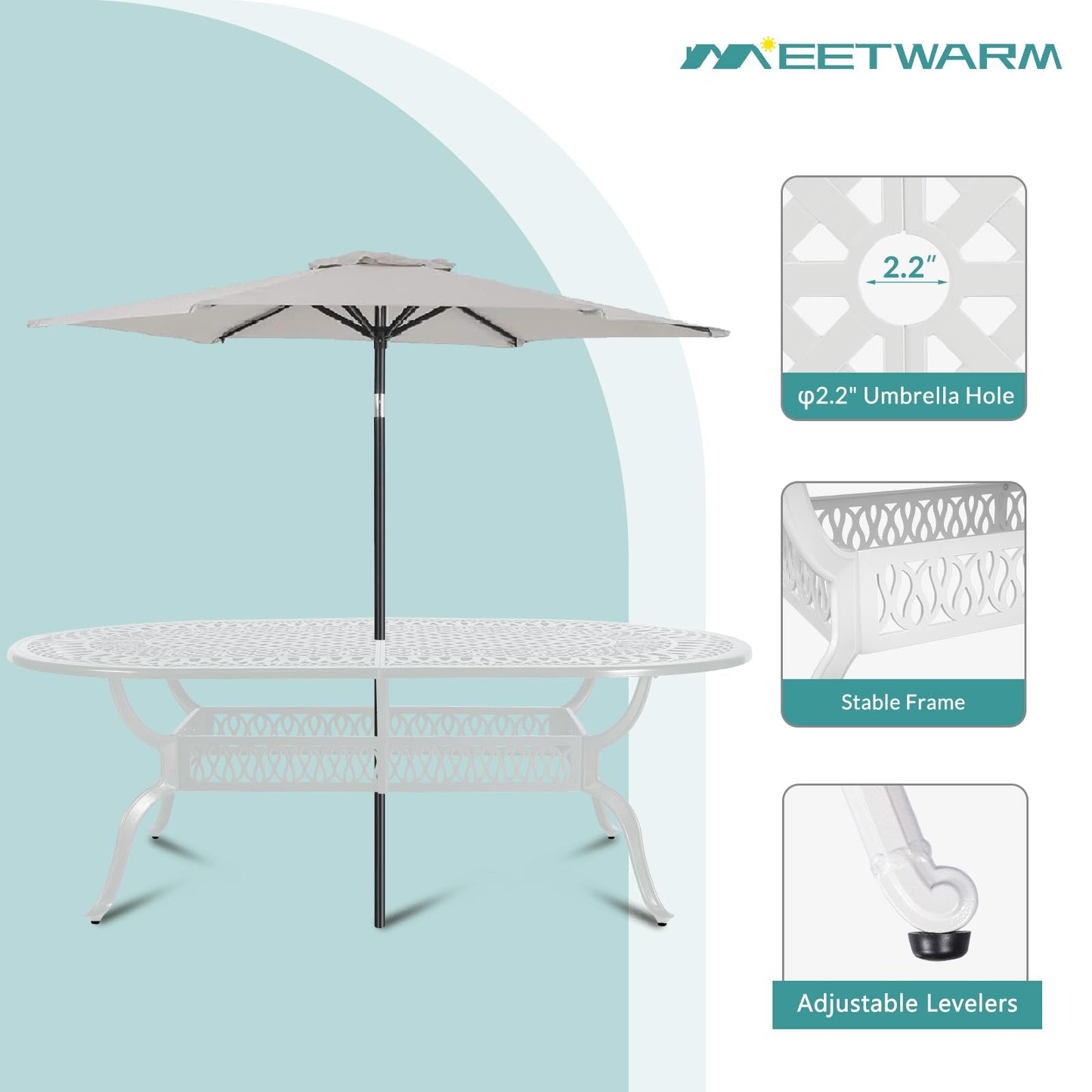 MEETWARM 9-Piece Outdoor Patio Dining Set- 8 Outdoor Dining Cushioned Chairs and 1 Oval Table with 2" Umbrella Hole, All Weather Cast Aluminum Patio Funiture Set for Backyard, White