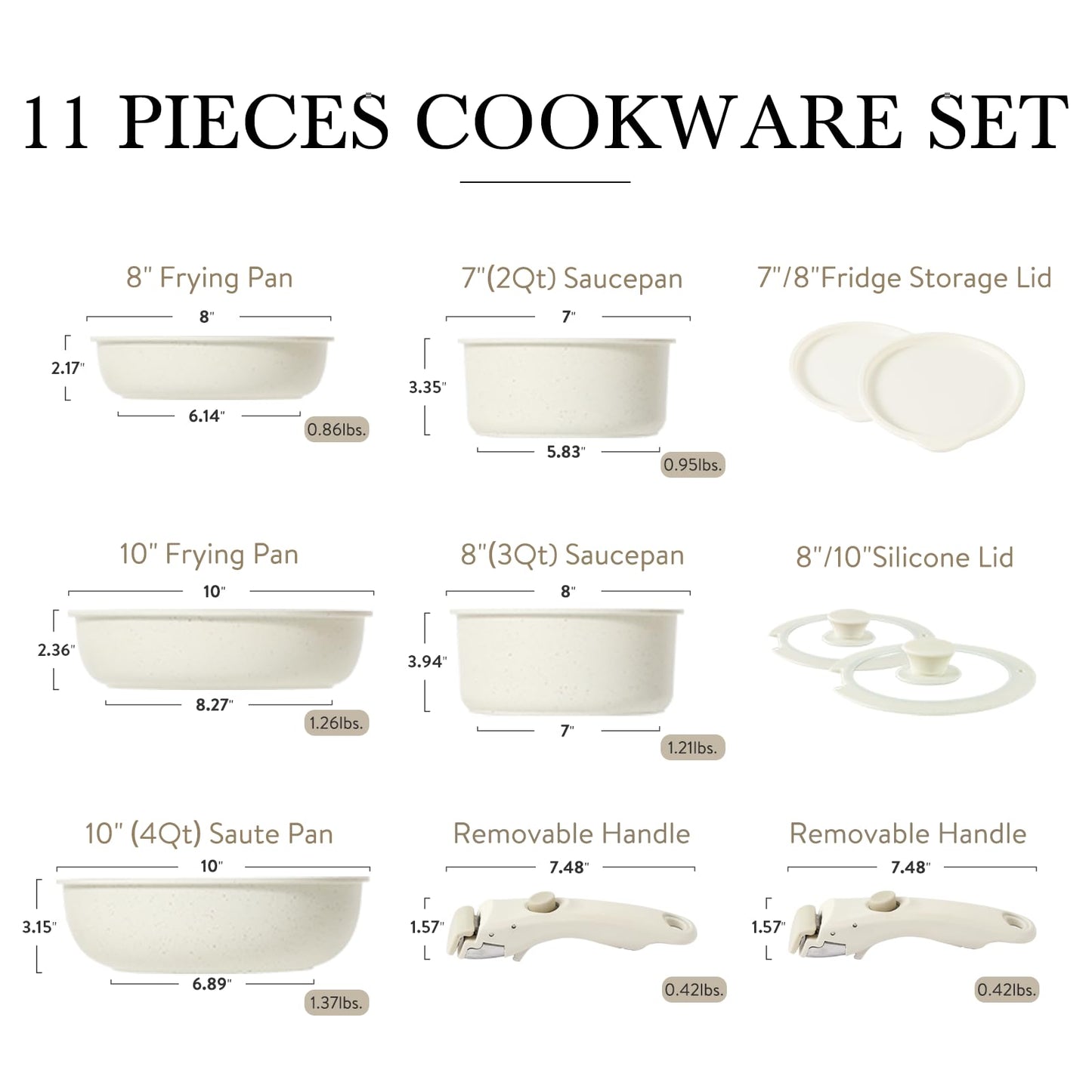 CAROTE 11pcs Pots and Pans Set, Nonstick Cookware Sets Detachable Handle, Induction RV Kitchen Set Removable Handle, Oven Safe, Cream White