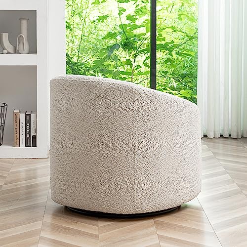 KINWELL 32" Wide Boucle Upholstered Swivel Cuddle Barrel Chairs, Mid-Century 360 Degree Swivel Accent Sofa Chairs, No Assembly Round Armchairs for Living Room, Bedroom, Office (White)