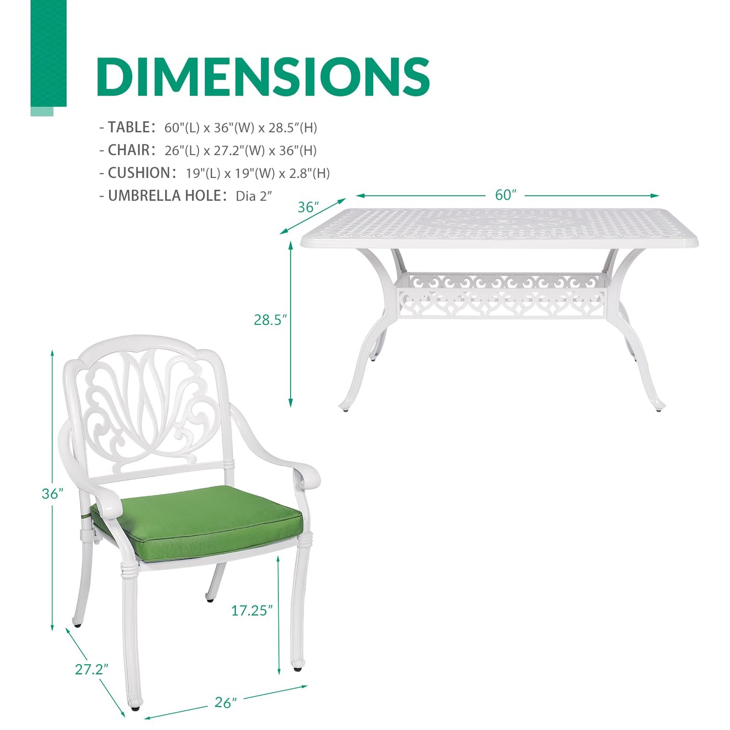 VIVIJASON 7-Piece Patio Furniture Dining Set, All-Weather Cast Aluminum Outdoor Conversation Set, Include 6 Cushioned Chairs and a Rectangle Table with Umbrella Hole for Lawn Garden Backyard, White