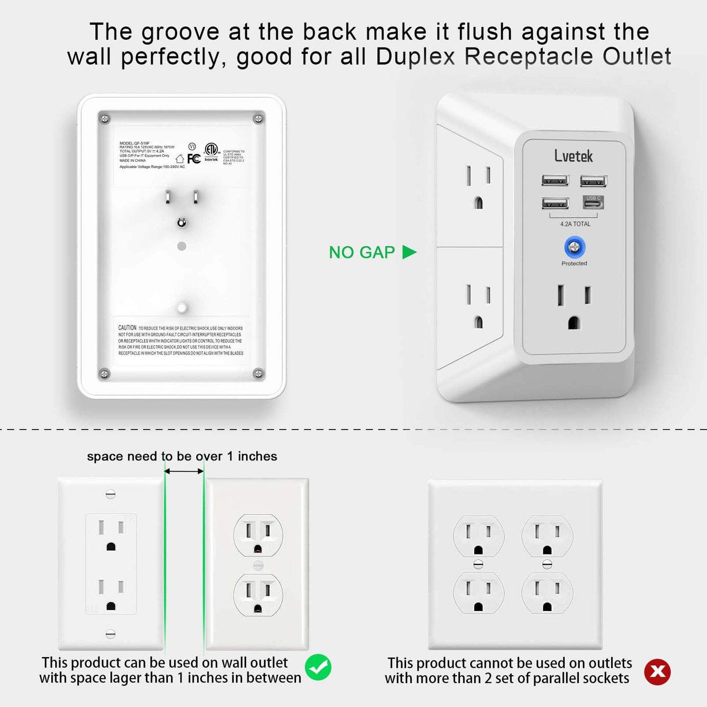 5-Outlet Surge Protector Wall Charger with 4 USB Ports - 1680J Multi Plug for Home, Office, Travel