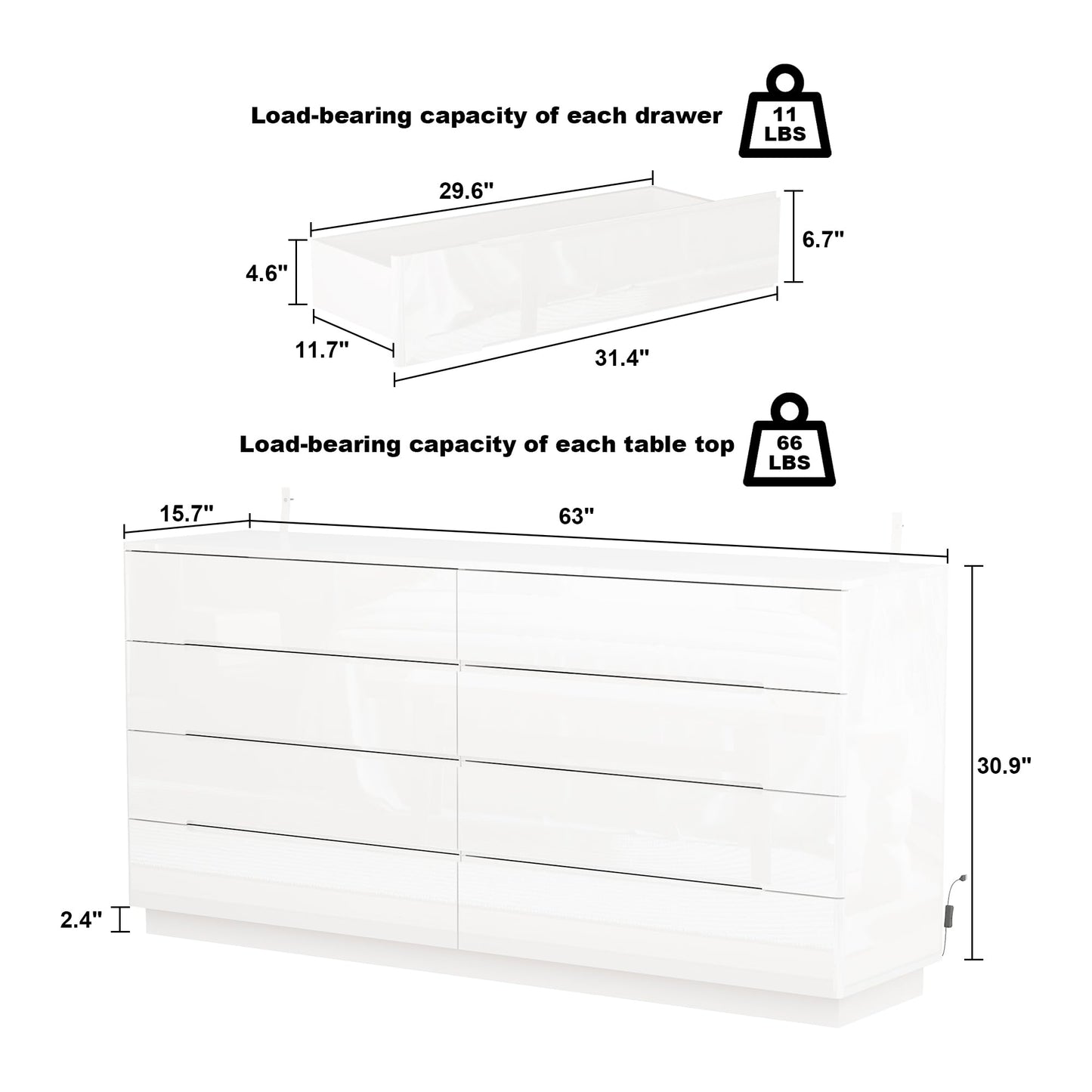 Homsee Large 8 Drawer Double Dresser with LED Light, Modern Dresser Chest of Drawers with High Gloss Surface for Bedroom, White (63”W x 15.7”D x 30.9”H)