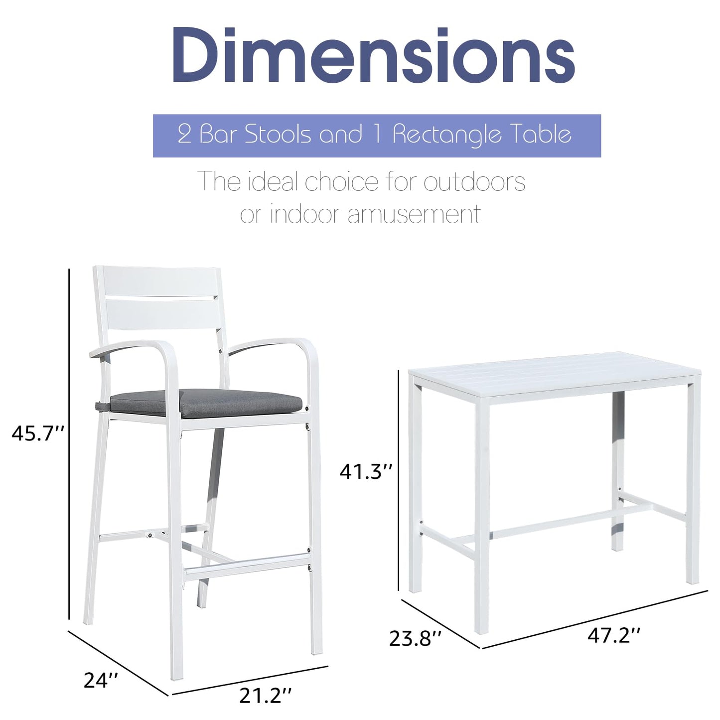 Soleil Jardin Outdoor Aluminum 5-Piece Bar Set, Dining Bistro Pub Set, Patio Bar Height Chairs with Cushion & Slatted High Top Table for Backyard Garden Pool, White