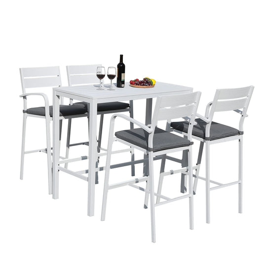 Soleil Jardin Outdoor Aluminum 5-Piece Bar Set, Dining Bistro Pub Set, Patio Bar Height Chairs with Cushion & Slatted High Top Table for Backyard Garden Pool, White