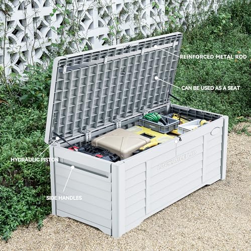 DWVO Large Deck Box 120 Gallon Waterproof Outdoor Storage Box, Extra Large Outdoor Storage Bin, Resin Louvered Patio Storage for Indoor Outdoor Pillows, Garden Tools & Pool Supplies, Lockable, White