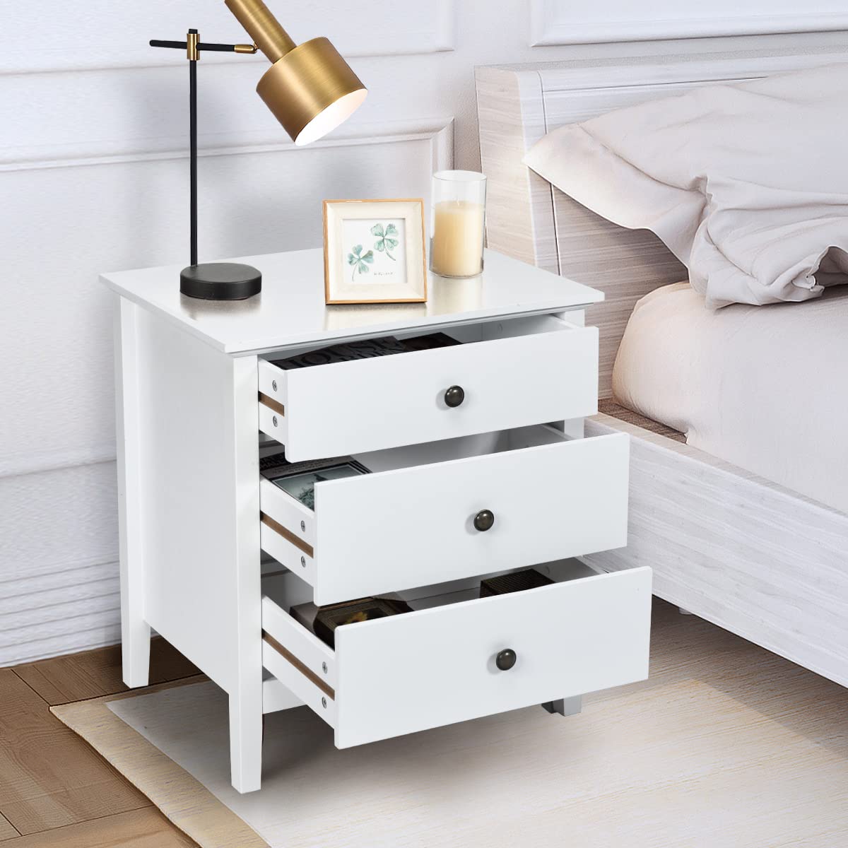 KOTEK Set of 2 Nightstands with Drawers, Side Table End Table Accent Table w/Drawers, 3-Drawer Nightstand for Bedroom, Living Room (White)