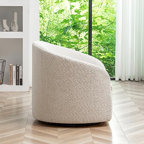 KINWELL 32" Wide Boucle Upholstered Swivel Cuddle Barrel Chairs, Mid-Century 360 Degree Swivel Accent Sofa Chairs, No Assembly Round Armchairs for Living Room, Bedroom, Office (White)