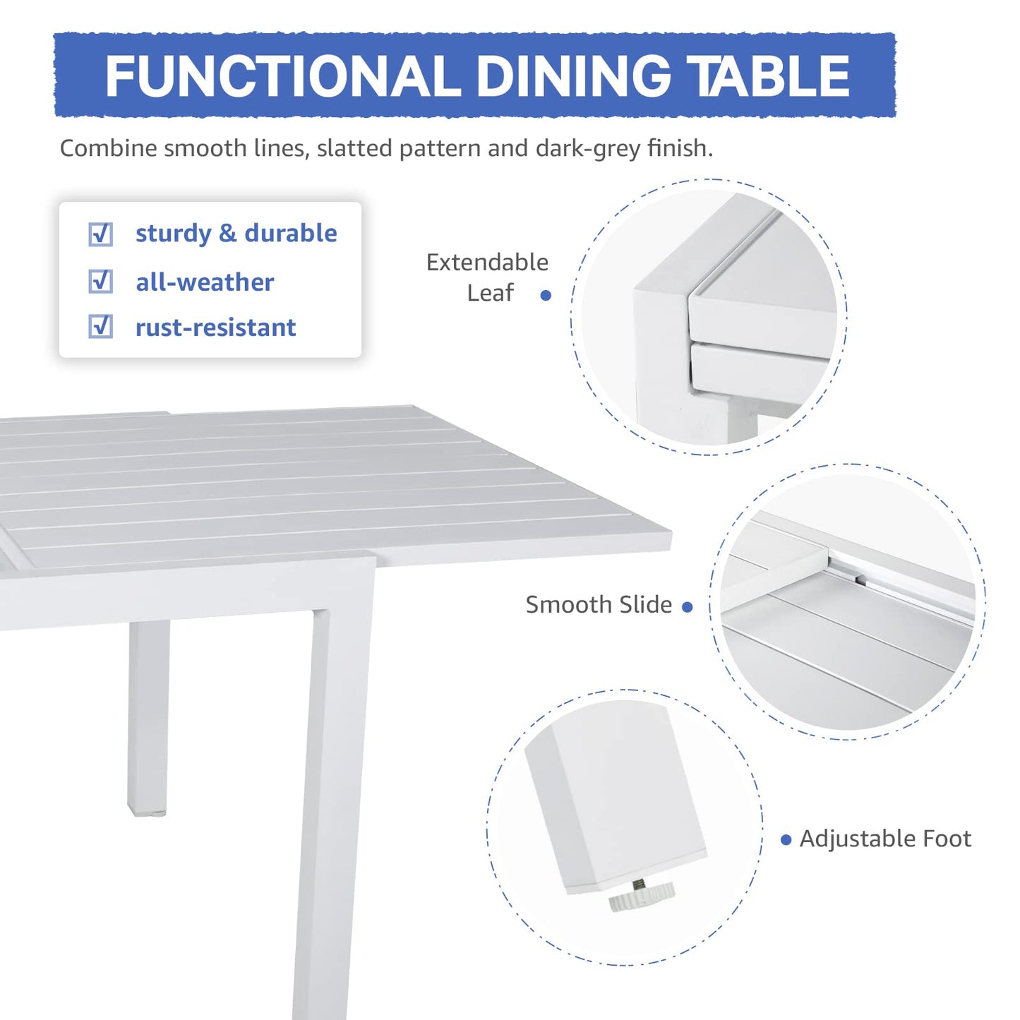 Soleil Jardin 7-Piece Outdoor Patio Dining Set, Aluminum Expandable Outdoor Dining Table Set for 6, 6 Stackable Chairs with Gray Removable Cushions, White