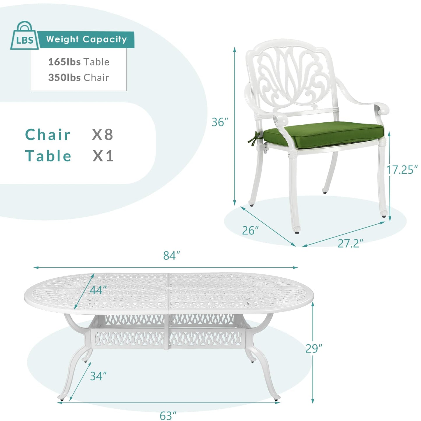 MEETWARM 9-Piece Outdoor Patio Dining Set- 8 Outdoor Dining Cushioned Chairs and 1 Oval Table with 2" Umbrella Hole, All Weather Cast Aluminum Patio Funiture Set for Backyard, White