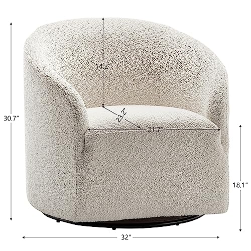 KINWELL 32" Wide Boucle Upholstered Swivel Cuddle Barrel Chairs, Mid-Century 360 Degree Swivel Accent Sofa Chairs, No Assembly Round Armchairs for Living Room, Bedroom, Office (White)