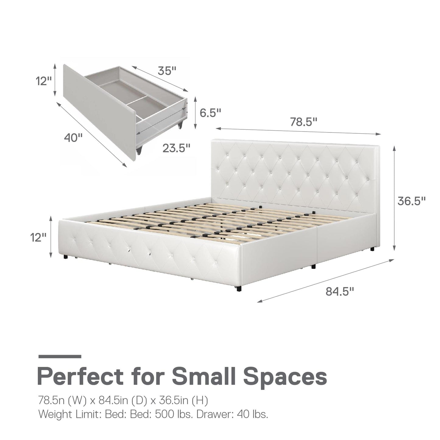 DHP Dakota Upholstered Platform Bed with Underbed Storage Drawers and Diamond Button Tufted Headboard and Footboard, No Box Spring Needed, King, White Faux Leather