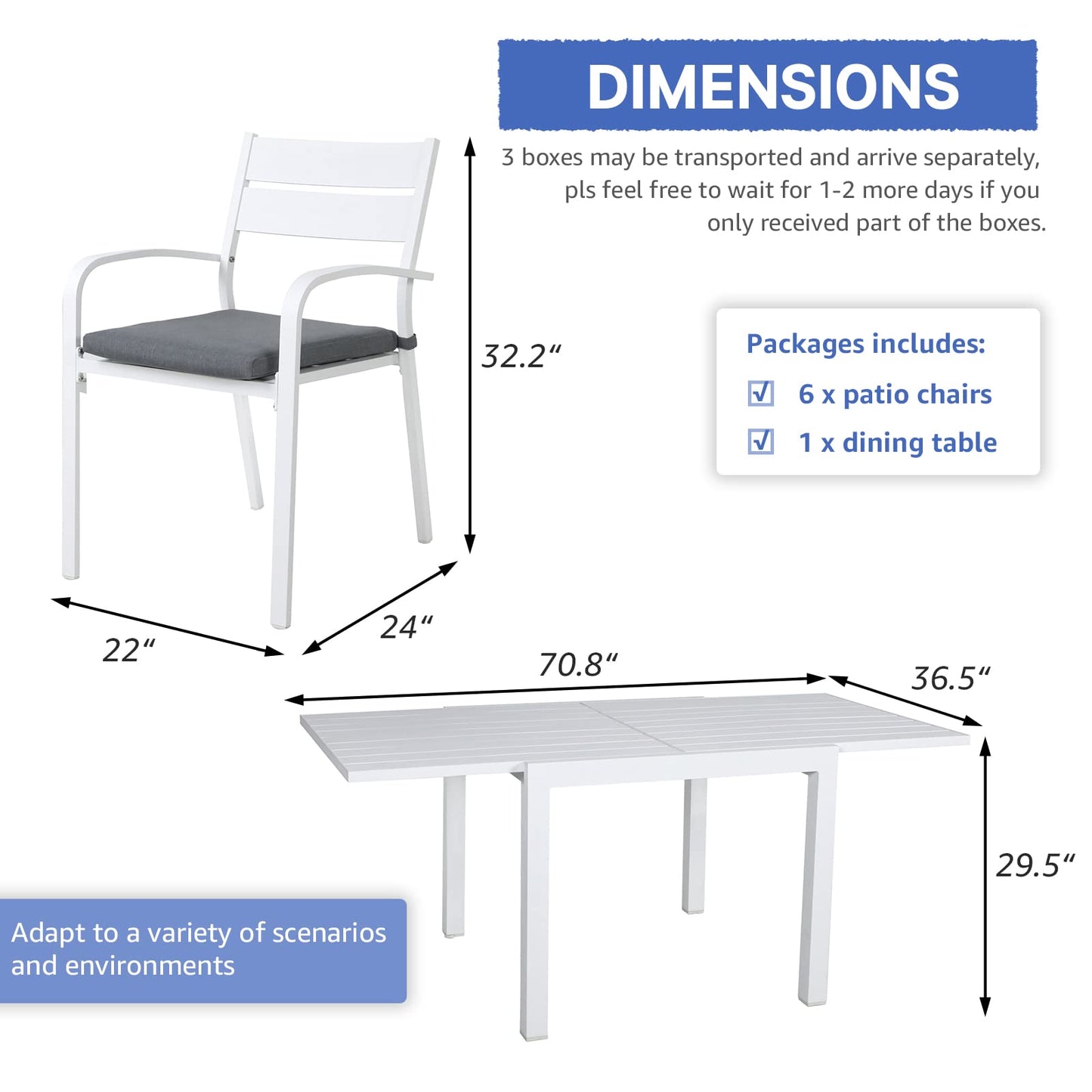 Soleil Jardin 7-Piece Outdoor Patio Dining Set, Aluminum Expandable Outdoor Dining Table Set for 6, 6 Stackable Chairs with Gray Removable Cushions, White