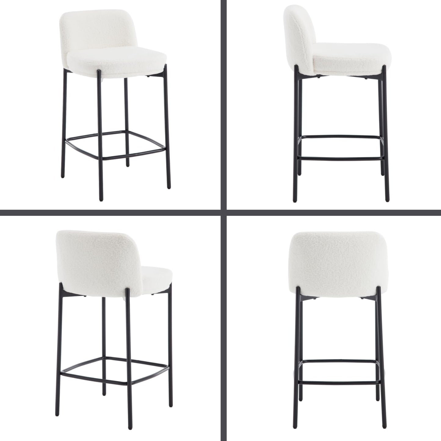 Guyou Modern White Sherpa Counter Stools with Black Metal Legs, 26" Upholstered Counter Height Bar Stools with Curved Back Set of 4 Comfy Armless Boucle Kitchen Island Chairs for Dining Room