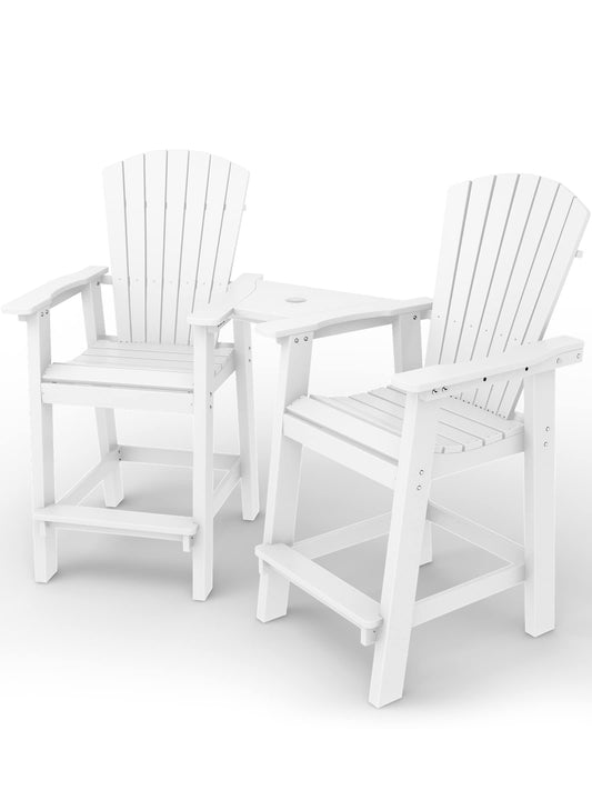 KINGYES Balcony Chair Tall Adirondack Chair Set of 2 Outdoor Adirondack Barstools with Connecting Tray - Patio Stools Weather Resistant for Deck Balcony Pool Backyard, White