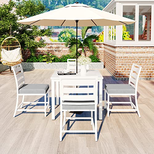 EMKK 5-Piece Indoor Outdoor Wicker Dining Set Furniture for Patio, Backyard w/Square Glass Tabletop, Umbrella Cutout, 4 Chairs, H-White