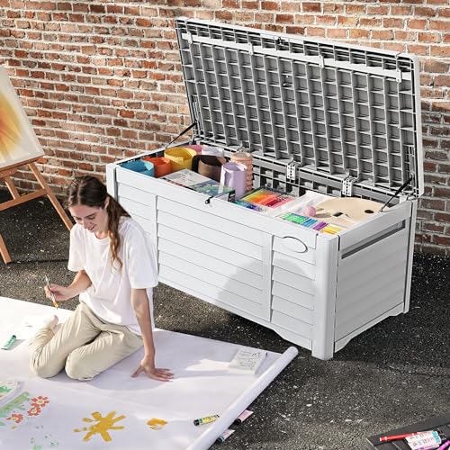 DWVO Large Deck Box 120 Gallon Waterproof Outdoor Storage Box, Extra Large Outdoor Storage Bin, Resin Louvered Patio Storage for Indoor Outdoor Pillows, Garden Tools & Pool Supplies, Lockable, White