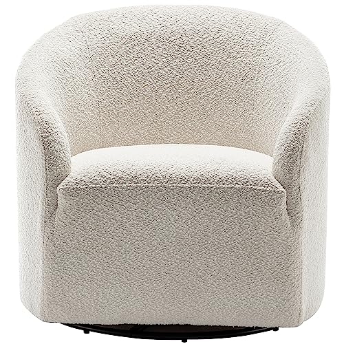 KINWELL 32" Wide Boucle Upholstered Swivel Cuddle Barrel Chairs, Mid-Century 360 Degree Swivel Accent Sofa Chairs, No Assembly Round Armchairs for Living Room, Bedroom, Office (White)