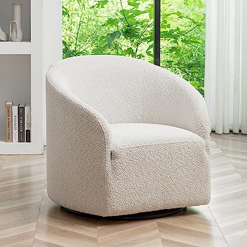 KINWELL 32" Wide Boucle Upholstered Swivel Cuddle Barrel Chairs, Mid-Century 360 Degree Swivel Accent Sofa Chairs, No Assembly Round Armchairs for Living Room, Bedroom, Office (White)