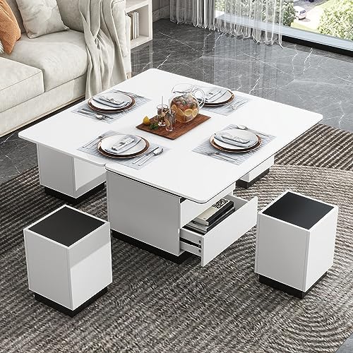 Merax Modern 3-in-1 Lift Top Coffee Table with 4 Storage Stools for Living Room Extendable 1 Hidden + 2 Drawers Space Saving Folding Glass Dining（47.2 Inch）, White/Black