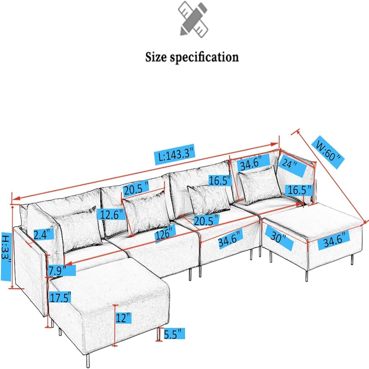 Convertible Sectional U-Shaped Couch 6 Seat Modular Sectionals Sofa Reversible Sectional Modular Sofa with Wide Chaise and 4 Pillows L-Shape Sectional Sofa for Living Room Bedroom Office 143”White