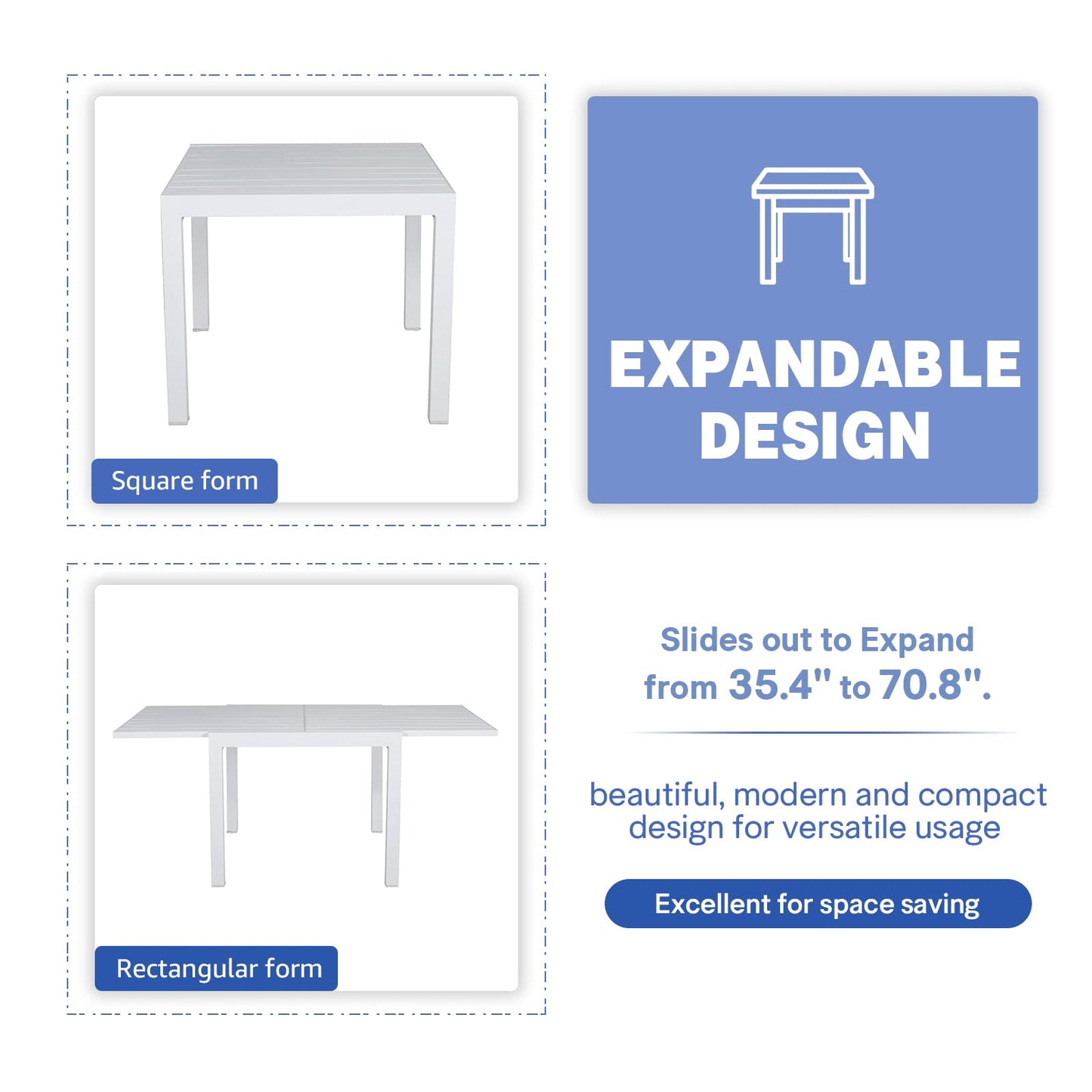 Soleil Jardin 7-Piece Outdoor Patio Dining Set, Aluminum Expandable Outdoor Dining Table Set for 6, 6 Stackable Chairs with Gray Removable Cushions, White