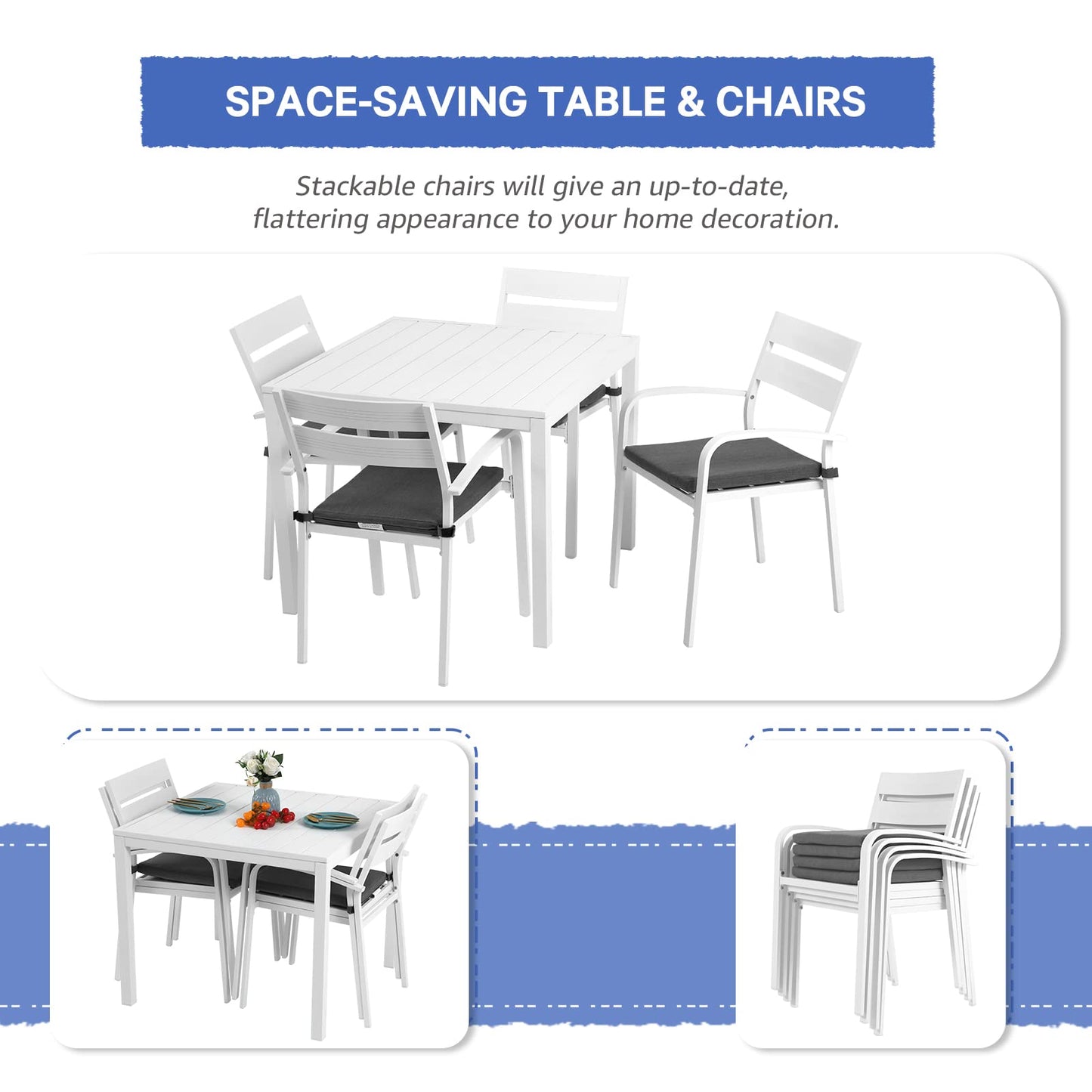 Soleil Jardin Aluminum 5 Piece Outdoor Furniture Dining Set, Patio Dining Furniture Set with 35" Square Table and 4 Stackable Chairs for Garden, Backyard, White Finish & Grey Cushion