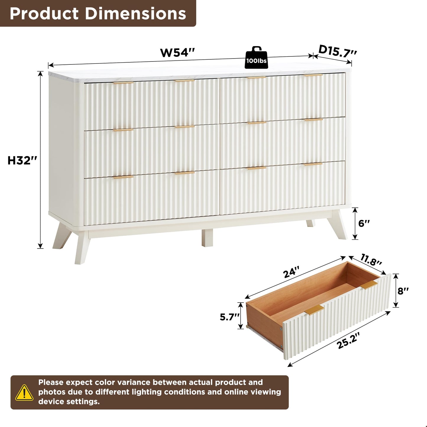 T4TREAM Fluted 6 Drawers Dresser, 54" Wide Modern Chest of Drawers with Faux Marble Top, Curved Profile Design, Dresser TV Stand, Wood Drawer Organizer for Bedroom, Living Room, Hallway, Solid White