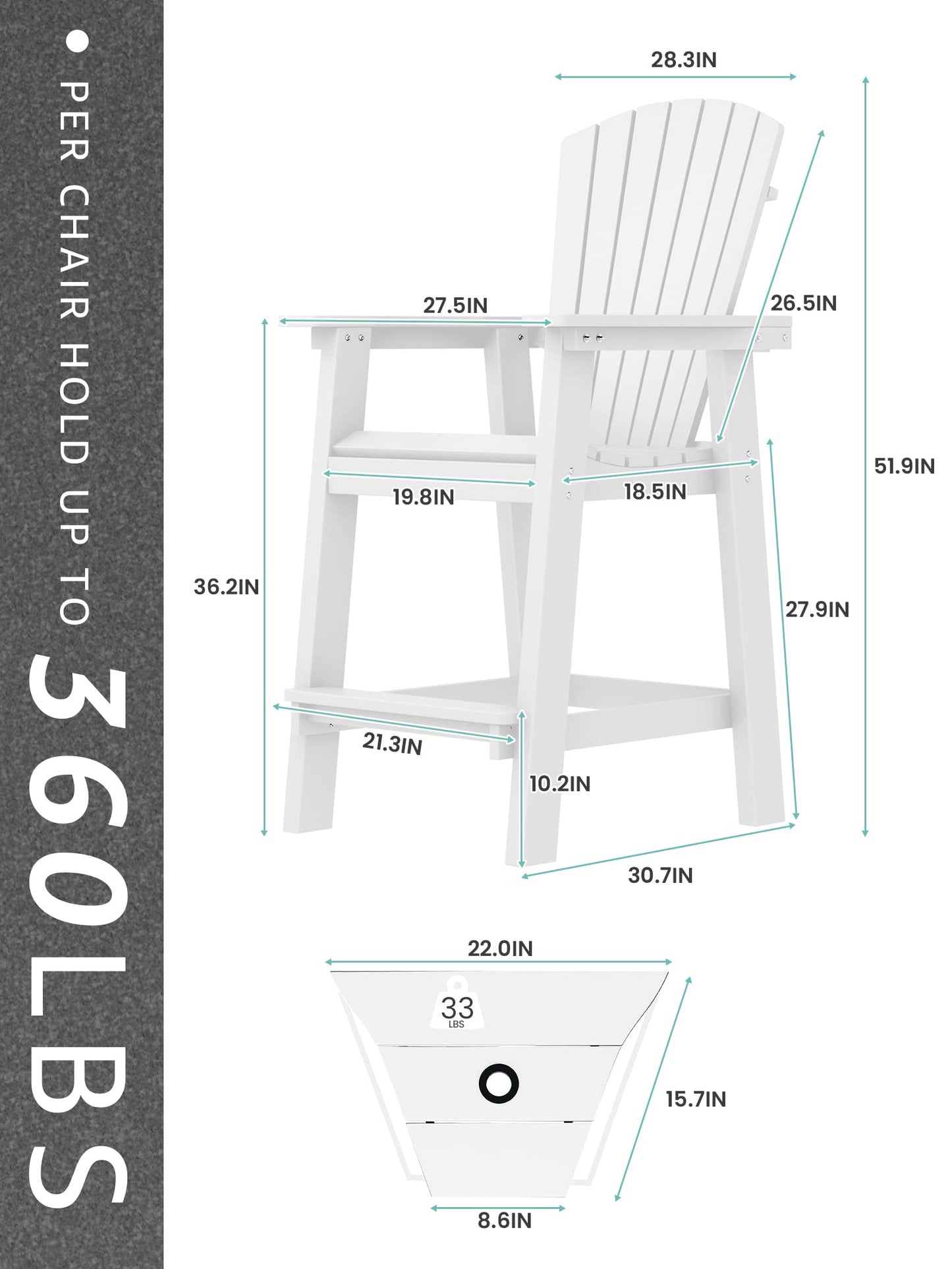 KINGYES Balcony Chair Tall Adirondack Chair Set of 2 Outdoor Adirondack Barstools with Connecting Tray - Patio Stools Weather Resistant for Deck Balcony Pool Backyard, White