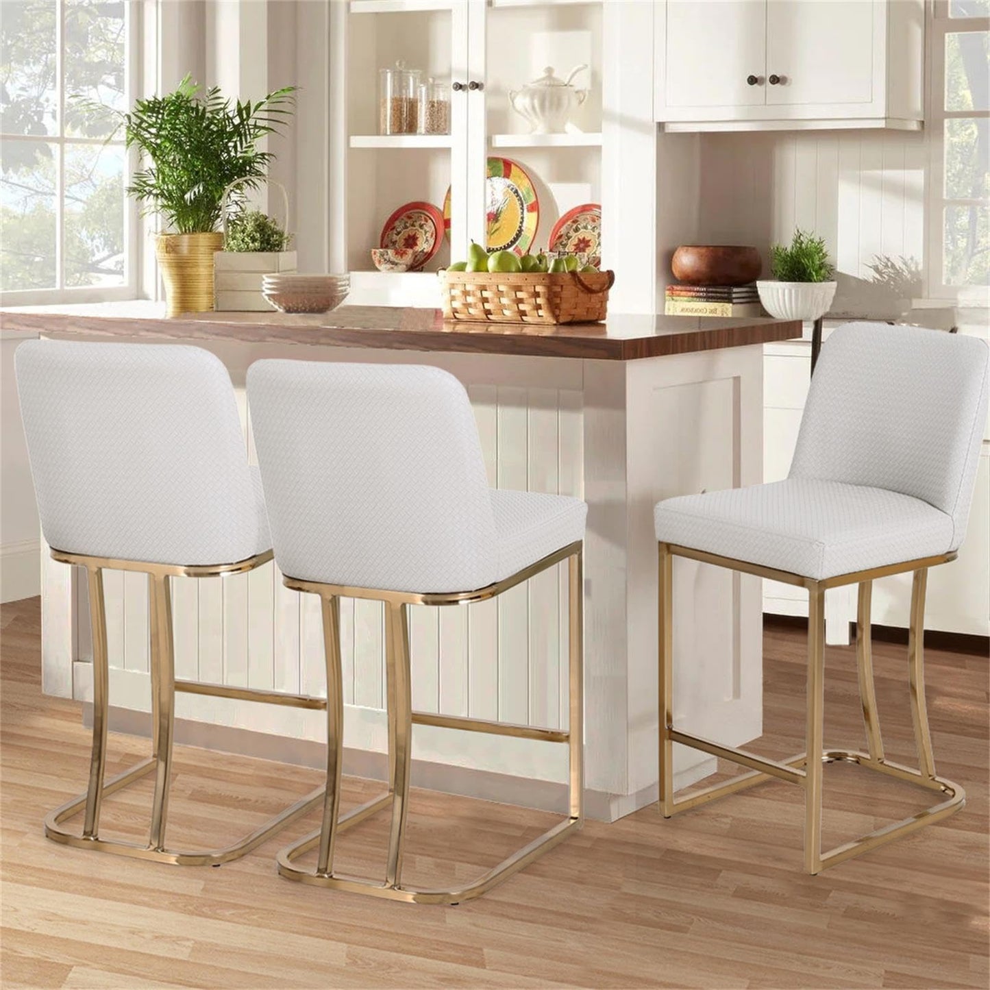 Sophia & William 24" Counter Height Bar Stools Set of 3 with Back, Creamy White & Gold Bar Stools for Kitchen Island, Modern PU Leather Upholstered Farmhouse Kitchen Counter Stools,300lbs,3 Pack