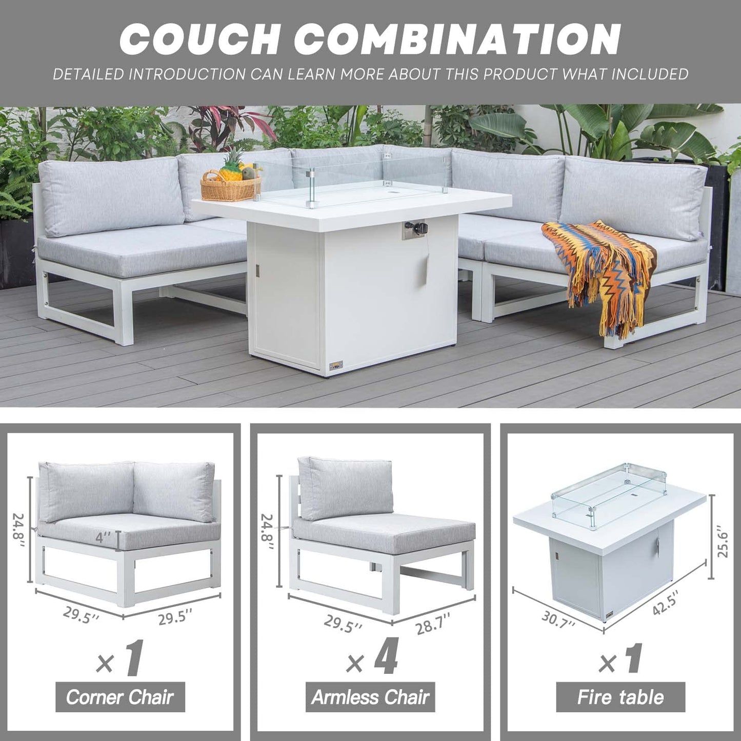 NICESOUL® 6 Pieces Large Size Aluminum Outdoor Patio Furniture Set with Fire Pit Table Conversation Sofa Sectional Set 43" Propane Fire Table Modern White Frame Grey Cushions