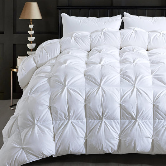 ELNIDO QUEEN Feather Down Comforter King Size Duvet Insert, Luxury Fluffy White Pinch Pleat Design - All Season Hotel Collection Cotton Bed Comforter with 8 Tabs, King 106x90 Inches