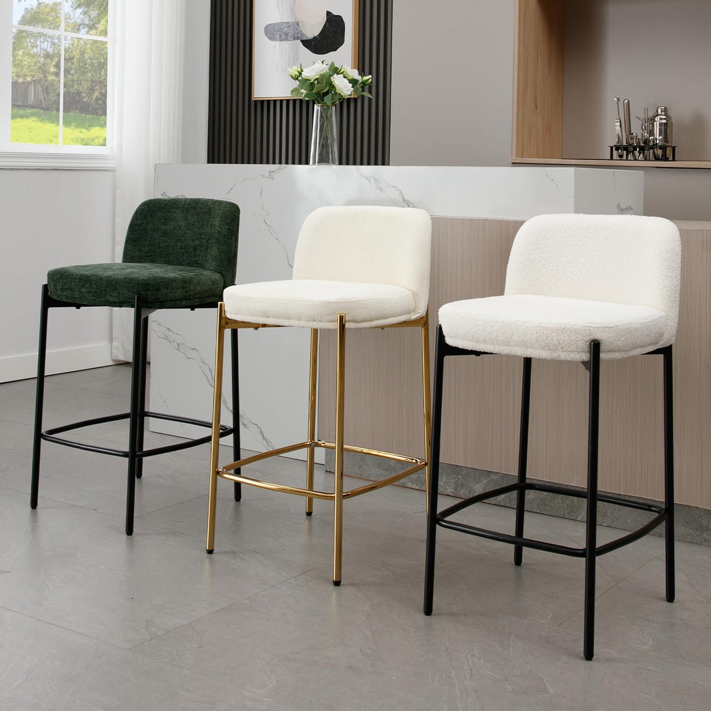 Guyou Modern White Sherpa Counter Stools with Black Metal Legs, 26" Upholstered Counter Height Bar Stools with Curved Back Set of 4 Comfy Armless Boucle Kitchen Island Chairs for Dining Room