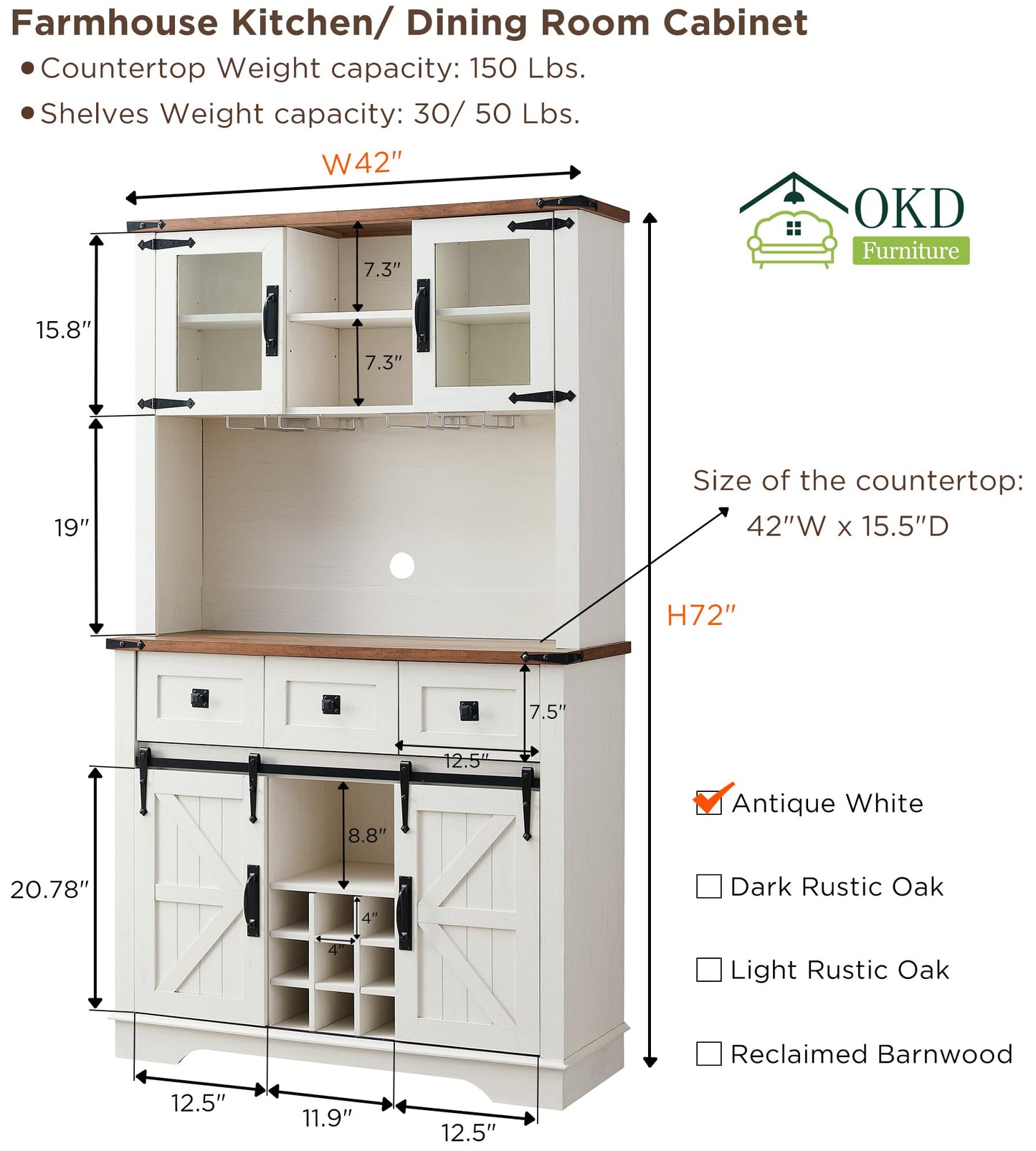 OKD Farmhouse Bar Cabinet with Sliding Barn Door, 72" Rustic Buffet with Hutch with Wine and Glasses Rack, 3 Drawers, Storage Shelves, Sideboard Cupboard for Kitchen, Dining Room, Antique White