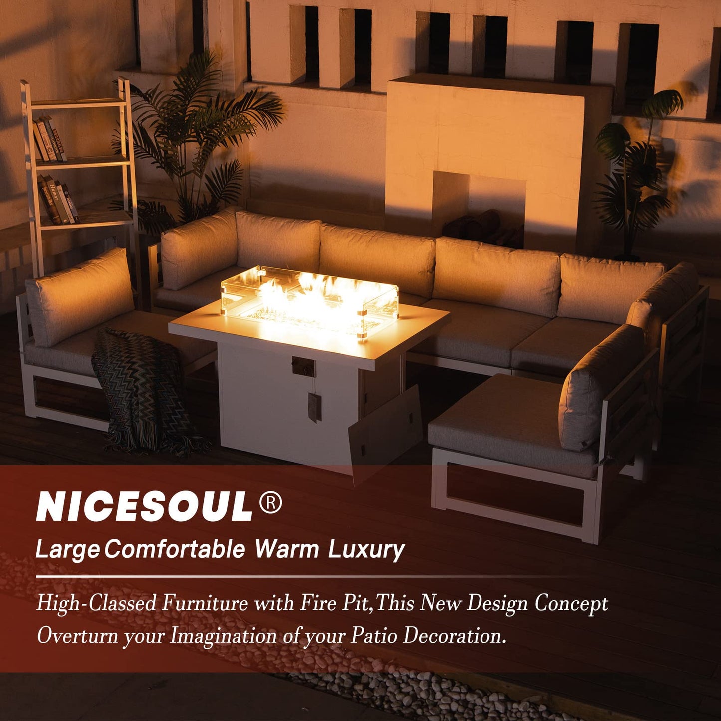 NICESOUL® 7 Pieces Aluminum Patio Furniture Set with Fire Pit Table 43" Propane Gas Convertable Outdoor Luxury Conversation Sofa Set with Firepit White Gray Color