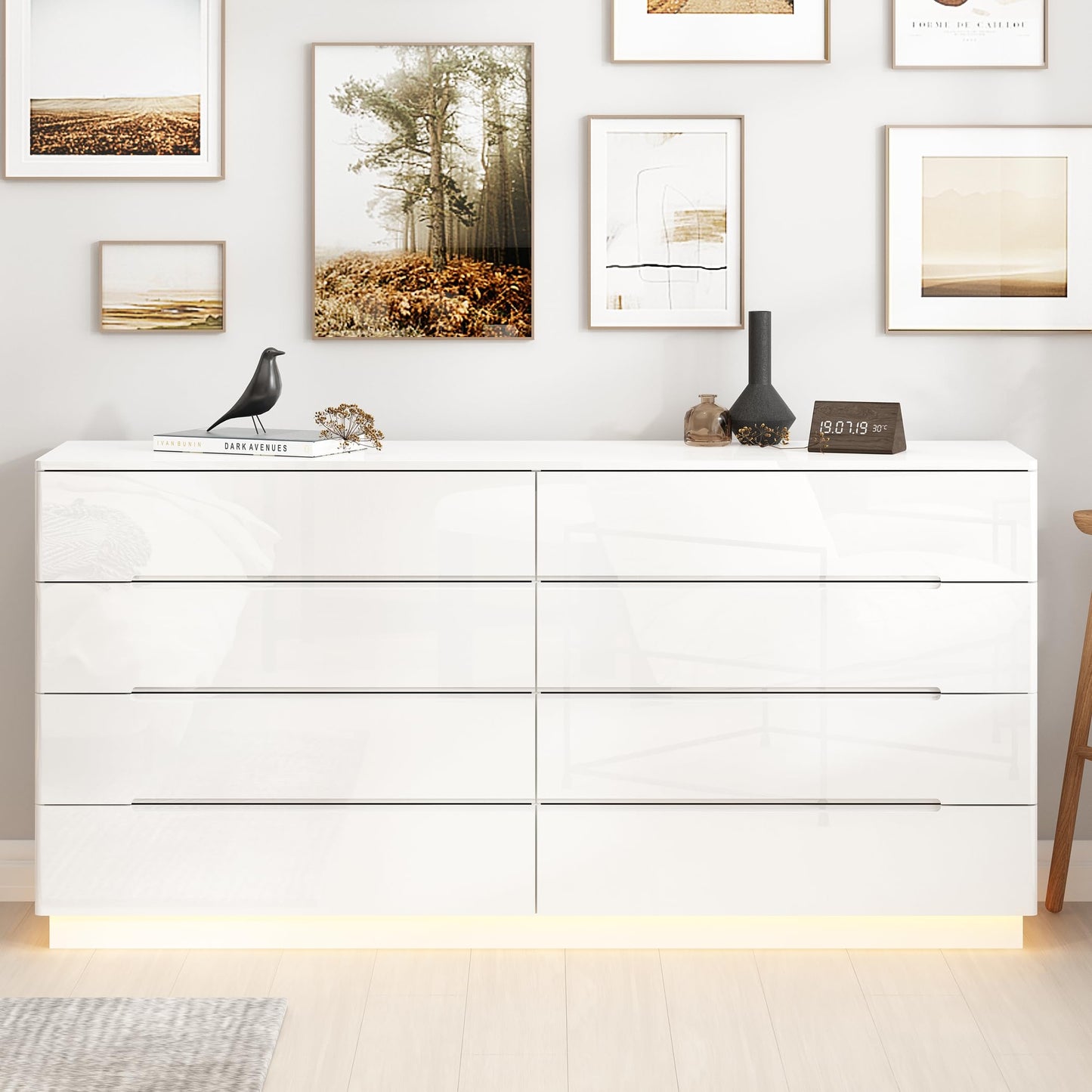 Homsee Large 8 Drawer Double Dresser with LED Light, Modern Dresser Chest of Drawers with High Gloss Surface for Bedroom, White (63”W x 15.7”D x 30.9”H)