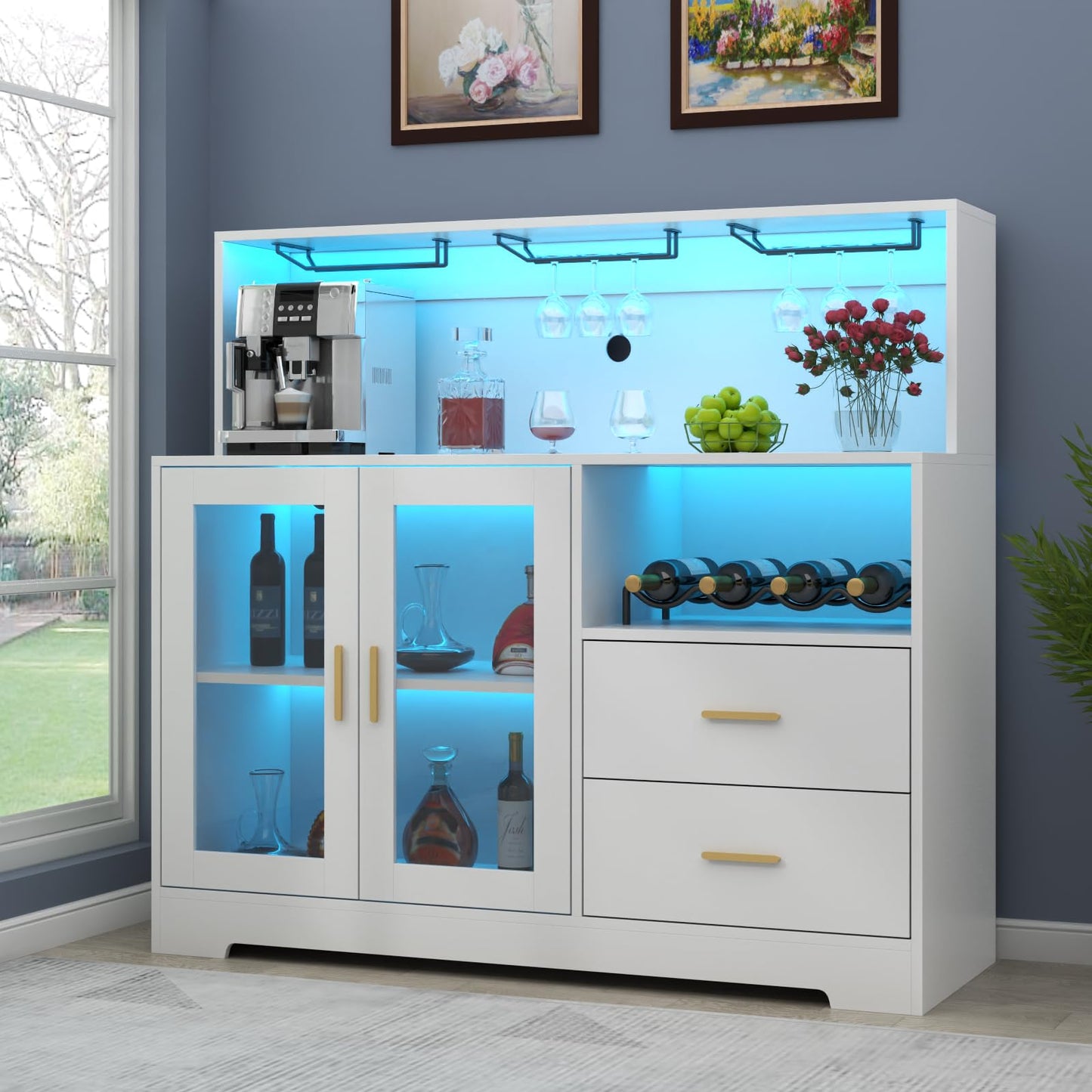 Auromie Wine Bar Cabinet with LED Light, Home Coffee Cabinet with Wine and Glass Rack, Kitchen Buffet Sideboard with Storage Cabinet&Drawers, Modern Liquor Cabinet for Living Room Dining Room (White)