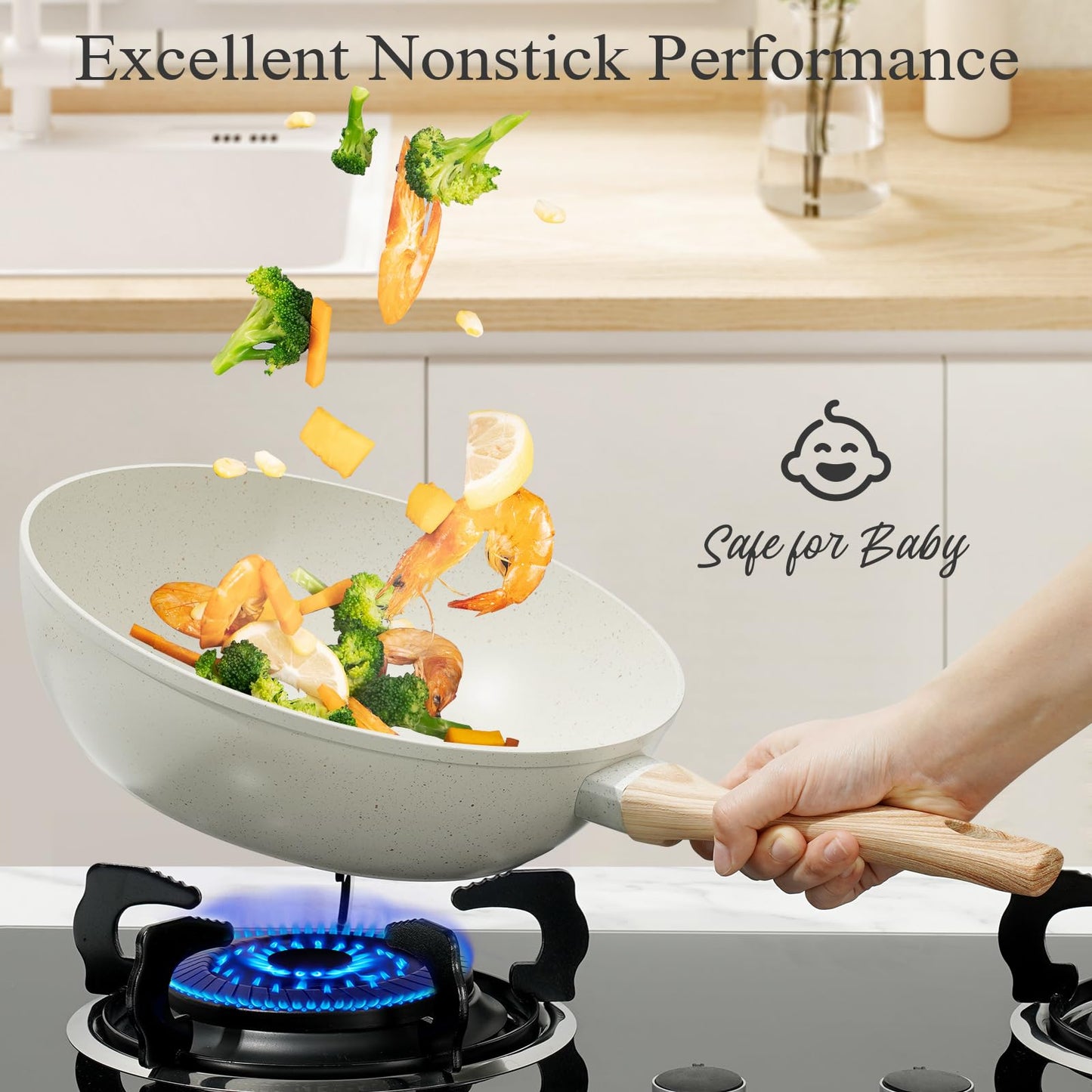 SODAY Pots and Pans Set Non Stick, 13 Pcs Kitchen Cookware Sets White Granite Nonstick Cooking Set with Frying Pans, Saucepans, Steamer Silicone Shovel Spoon & Tongs (PFOS, PFOA Free)