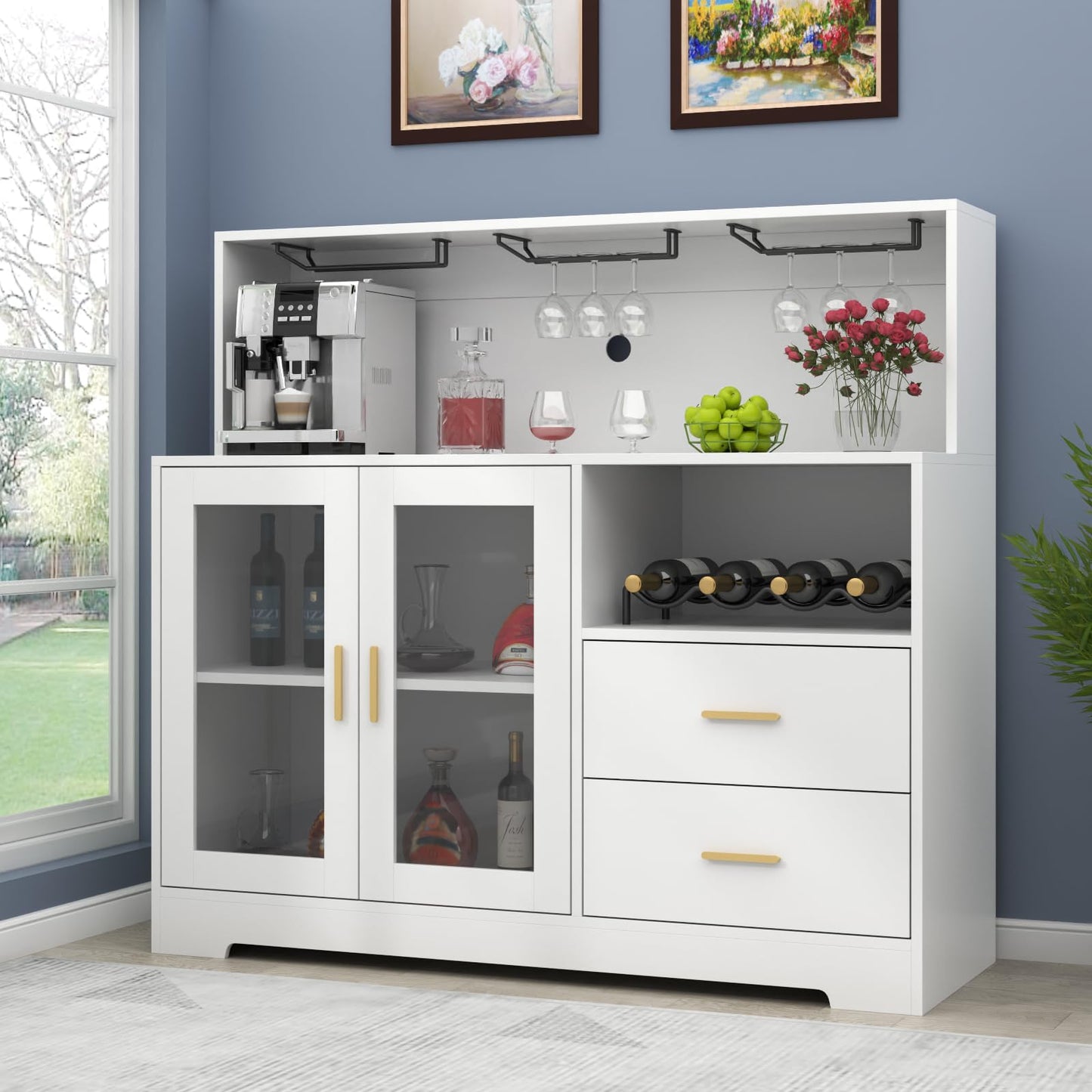 Auromie Wine Bar Cabinet with LED Light, Home Coffee Cabinet with Wine and Glass Rack, Kitchen Buffet Sideboard with Storage Cabinet&Drawers, Modern Liquor Cabinet for Living Room Dining Room (White)