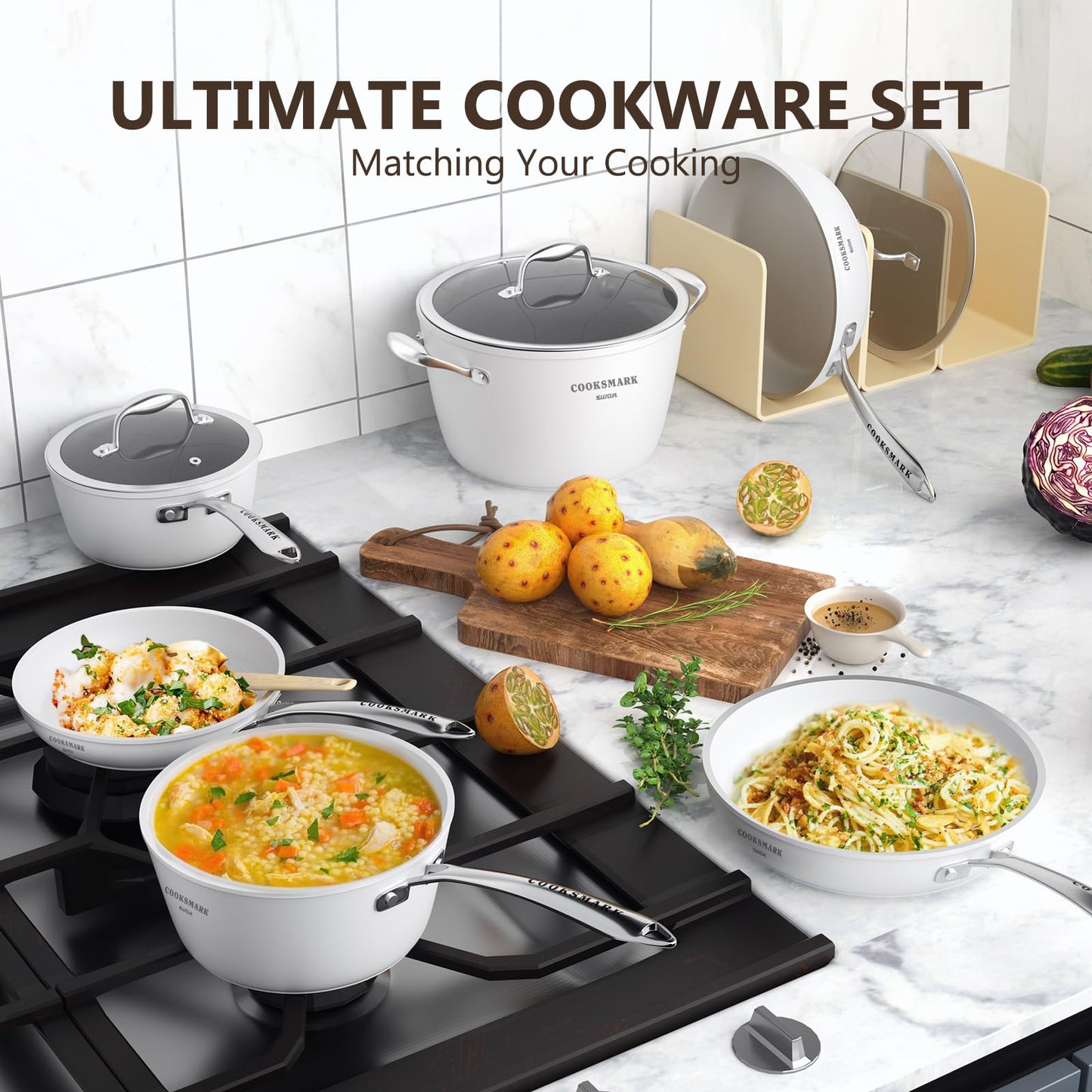 COOKSMARK Nonstick Ceramic Cookware Set, 10 Pieces White Pots and Pans Set with Glass Lids & Stainless Steel Handles, Induction Cookware Set & Dishwasher Oven Safe, Scratch-Resistant