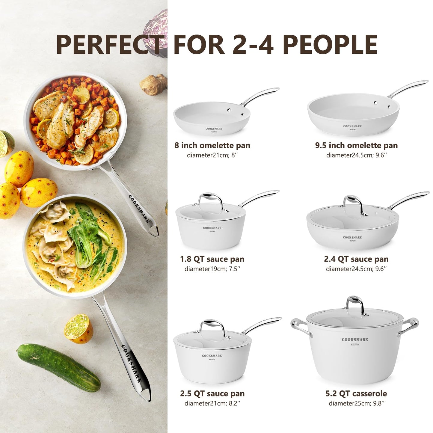 COOKSMARK Nonstick Ceramic Cookware Set, 10 Pieces White Pots and Pans Set with Glass Lids & Stainless Steel Handles, Induction Cookware Set & Dishwasher Oven Safe, Scratch-Resistant