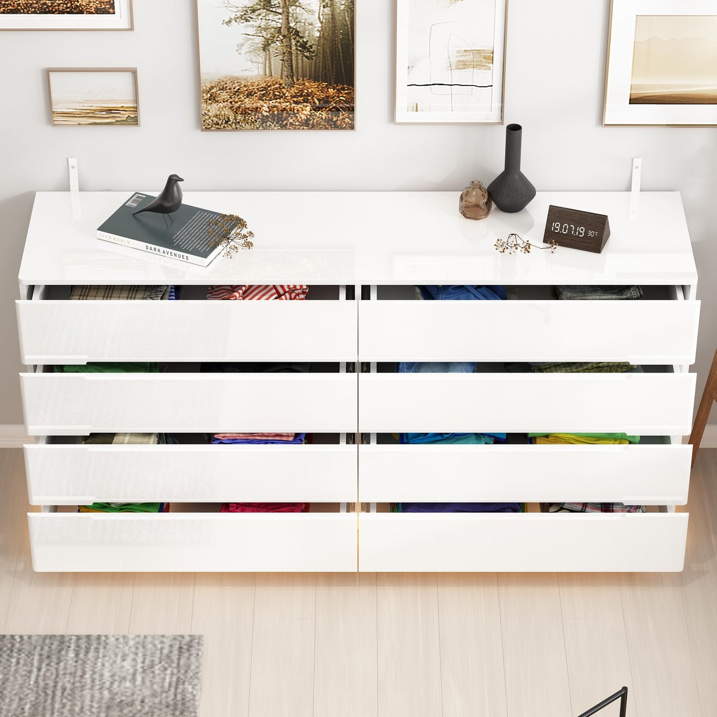 Homsee Large 8 Drawer Double Dresser with LED Light, Modern Dresser Chest of Drawers with High Gloss Surface for Bedroom, White (63”W x 15.7”D x 30.9”H)