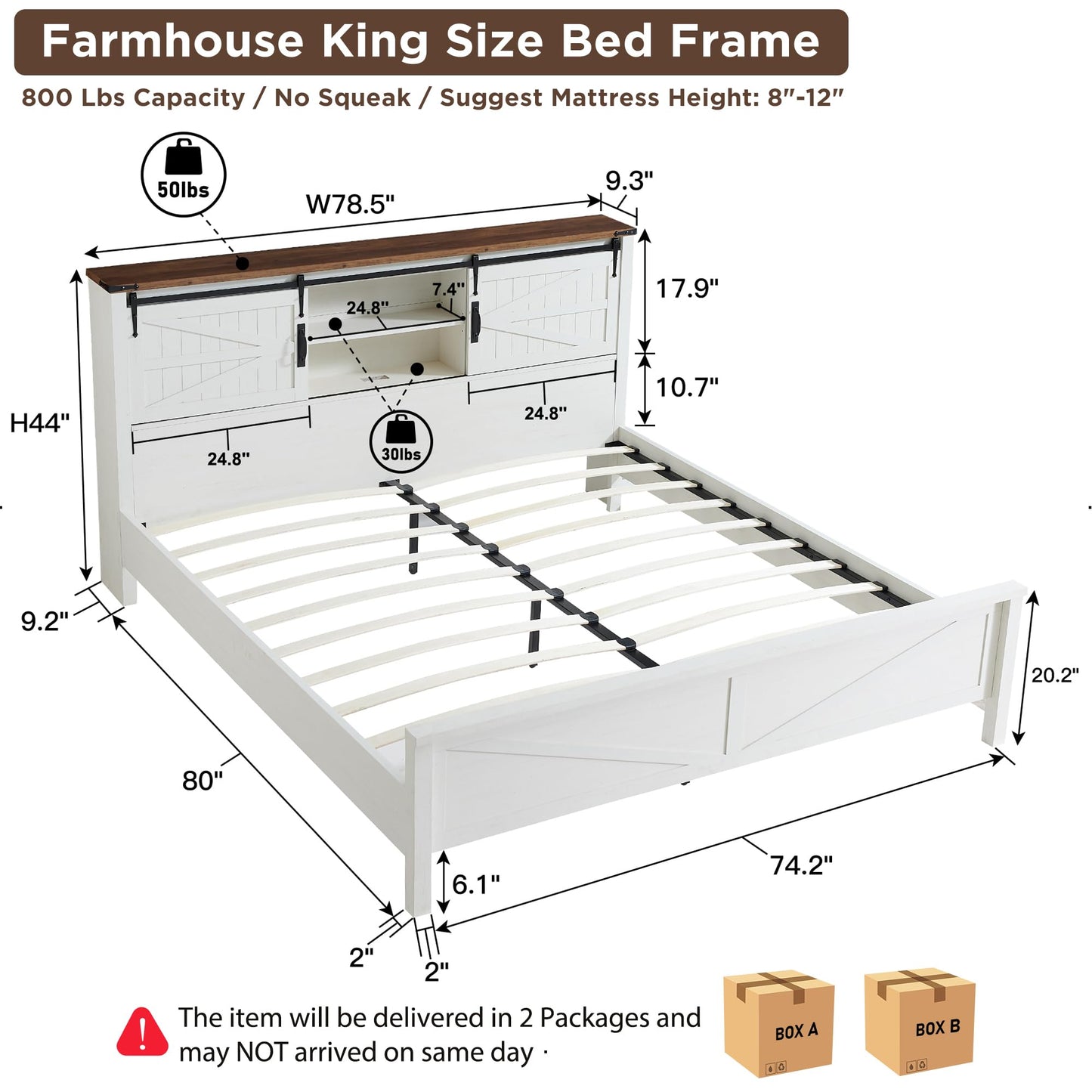 T4TREAM Farmhouse King Size Bed Frame with Storage Bookcase Headboard with Sliding Barn Door, Rustic Wood Platform Bed with Charging Station, Wood Slats Support, No Box Spring Needed, Antique White