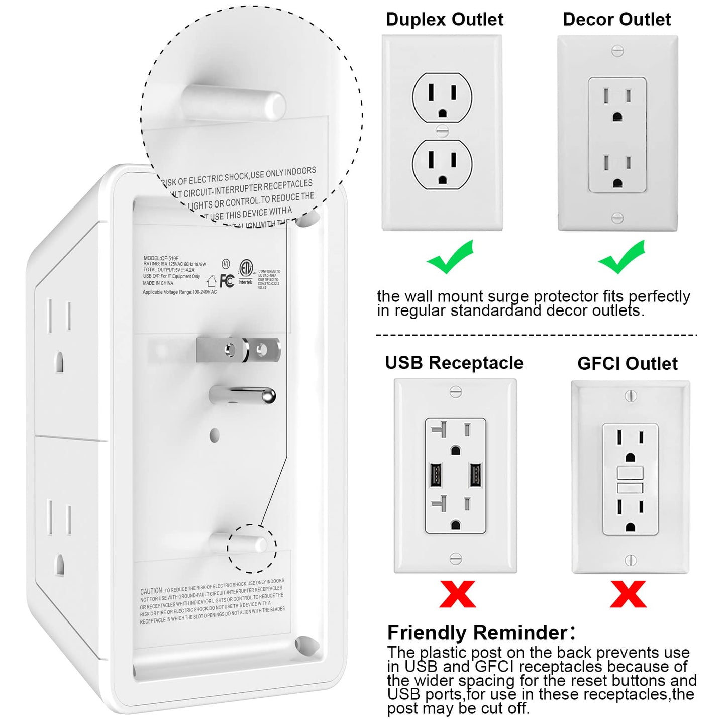 5-Outlet Surge Protector Wall Charger with 4 USB Ports - 1680J Multi Plug for Home, Office, Travel