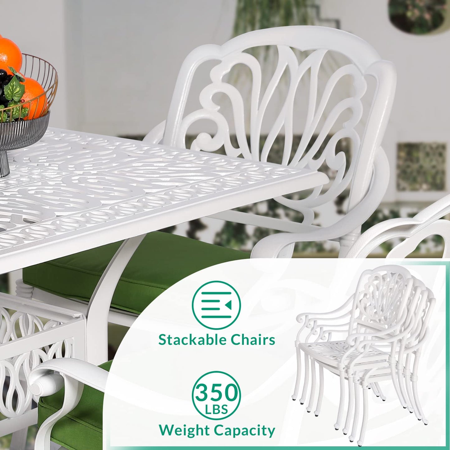 VIVIJASON 5-Piece Patio Furniture Dining Set, All-Weather White Cast Aluminum Outdoor Conversation Set, Include 4 Cushioned Chairs and a 35.4" Square Table w/Umbrella Hole for Balcony Lawn Garden